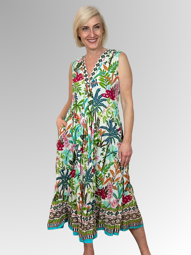 Slip into the Ovahe V-Neck Sleeveless Dress and embrace effortless summer style. Crafted from 100% organic cotton with a relaxed, flowing silhouette, this lightweight number keeps you feeling cool all day long. The flattering V-neckline and sleeveless cut offer comfort, while practical pockets add everyday functionality. Vibrant colours and prints bring personality to your wardrobe, making it the go-to choice for beach days, tropical escapes, and casual outings. Easy-care crinkled fabric means less fussing,