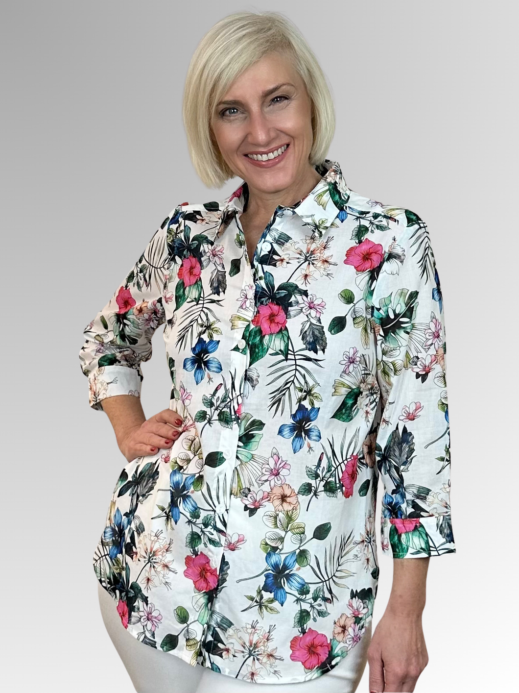 Made from 100% cotton, the Lucy 3/4 Sleeve Blouse feels light, soft, and breathable, perfect for those sunny summer days. Featuring a delightful floral print, smart action back pleats, and a timeless collar, this versatile blouse slides effortlessly into your summer wardrobe, becoming a fresh and fun favourite.
