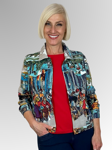 Embrace your individuality with this stunning jacket! Orientique delivers with vibrant colours, exquisite craftsmanship, and modern yet comfortable designs. Made by Orientique's talented artists, the Paris Cafe Long Sleeve Print Jacket boasts a cozy blend of Cotton/Spandex and a striking pattern that will transport you to the stylish Parisian boulevards.