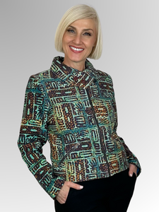 Elevate your style with the Figaro Zip Jacket by Orientique. Featuring a modern, colourful abstract design, this jacket is crafted from 100% cotton with a lightweight lining for comfort. The crossover collar with button detail and zip pockets add a touch of sophistication to this hip-length piece. Make a statement with this stylish and exclusive jacket.