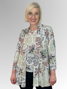 The Corsican Outback 3/4 Sleeve Edge to Edge Jacket features a stylish floral design in earthy tones with highlights of puff paint. Its versatility makes it suitable for a variety of occasions; moreover, it can be matched with a complementing cami to further accentuate the print, alternatively it does have a coordinating top. This polyester/spandex jacket is made in Australia and requires minimal maintenance, making it ideal for travelling. 
