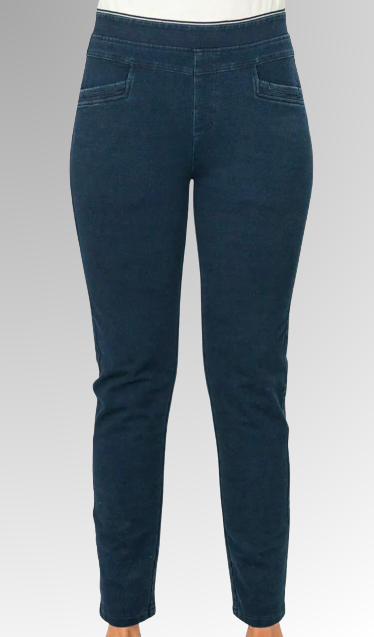 Our Pull On Blue Denim Leisure Jean is made from a soft rich blend of Cotton, Polyester and Spandex making them super comfy and easy to wear. Featuring a yoke around the waist for a more flattering shape, pockets and a mock fly, the legs are tapered to give a streamlined silhouette. Crafted for the ultimate in comfort, these jeans will be your new go-to!