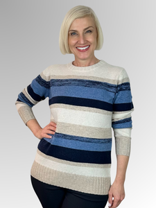 Stay cosy in style with the See Saw Marled Stripe Pullover. Made from a soft lambswool and nylon blend, this pullover is both warm and fashionable. The marled stripes in blues and naturals add a touch of playfulness to any outfit. Don't miss out on this must-have piece!