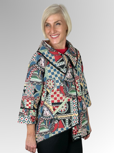 Experience the ultimate sophistication with our Wishstone Queen of Hearts Swing Jacket. Made from cotton, this jacket is not only luxurious, but it also makes a statement. The asymmetric hemline provides a unique touch, while the 3/4 length sleeves and striking overlapping collar add an elegant flair. Finished with black piping, this jacket coordinates with a variety of colours, making it a versatile addition to any wardrobe. Perfect for covering the bottom, elevate your style with this exclusive piece.
