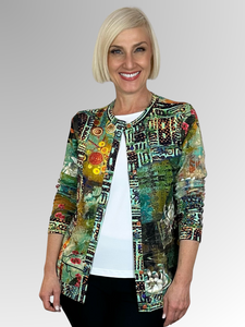 Indulge in luxury with the Figaro Cardi Top by Orientique. This multi-functional piece boasts a rich and colourful design, perfect for transitioning to cooler weather. Wear it buttoned-up as a top or open as a jacket with a plain top underneath. Made from soft rayon/spandex, it's the ideal mid-weight addition to any wardrobe.