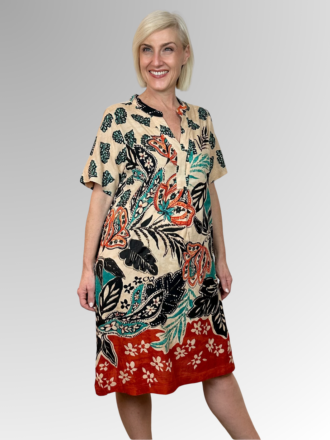Step into summer with the vibrant charm of our Saventa Keyhole Shift Dress. Featuring a playful mix of prints and bold colours, this standout piece is perfect for sunny days and warm-weather adventures. Designed with a relaxed fit, short sleeves, and a flattering V-neckline, it's crafted from breathable rayon to keep you cool and effortlessly stylish all season long.