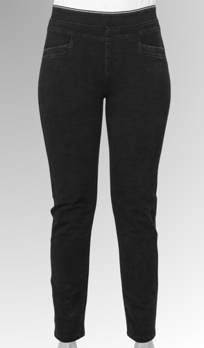 Our Pull On Black Leisure Jean is made from a soft rich blend of Cotton, Polyester and Spandex making them super comfy and easy to wear. Featuring a yoke around the waist for a more flattering shape, pockets and a mock fly, the legs are tapered to give a streamlined silhouette. Crafted for the ultimate in comfort, these jeans will be your new go-to!