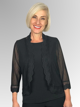 Made from a semi-sheer stretch mesh, this 3/4 sleeve Bolero with Crochet trim will add that finishing touch to your outfit. Lightweight and ideal for travelling, this extra layer adds that much needed coverage so many women ask for.