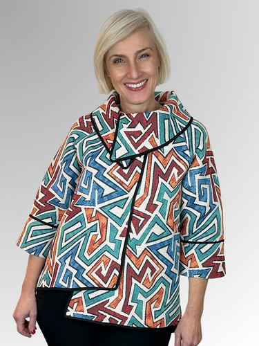 Experience the ultimate sophistication with our Wishstone Jigsaw Swing Jacket. Made from cotton, this jacket is not only luxurious, but it also makes a statement. The asymmetric hemline provides a unique touch, while the 3/4 length sleeves and striking overlapping collar add an elegant flair. Finished with black piping, this jacket coordinates with a variety of colours, making it a versatile addition to any wardrobe. Perfect for covering the bottom, elevate your style with this exclusive piece.