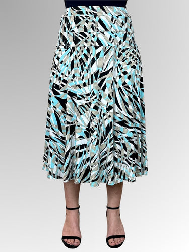 The Amazon Panelled Skirt by Corsican is the ultimate blend of style and comfort. Its six gores provide graceful movement, while the contoured waistband flatters your figure. Made with polyester spandex, this skirt is flowy and easy to care for. Its abstract leaf print in mint, beige, black and white tones adds a touch of sophistication. Proudly made in Australia.