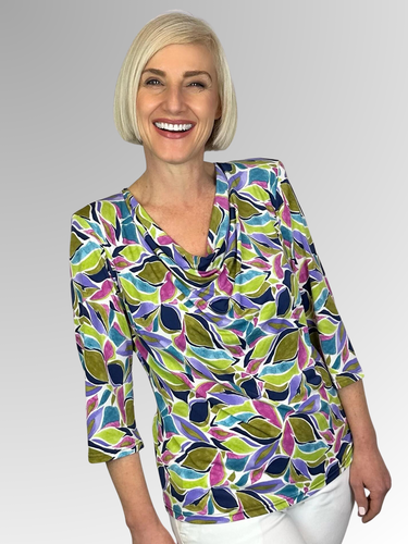 Proudly made in Australia, the Corsican Salamander 3/4 Sleeve Cowl Neck Top is an ideal choice for your Summer wardrobe. Its Polyester/Spandex material is adorned with a vibrant leaf print, making it an appropriate choice for any occasion. Additionally, it's easy to care for, as it's fully washable and drip-dries with no need for ironing.