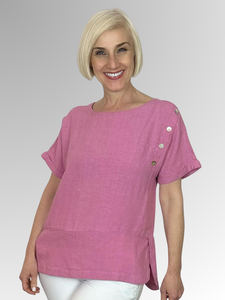 The perfect addition to your summer wardrobe! Maglia's Sophia Linen Top in Rose offers fashionable linen in a relaxed fit. Cool for hot days, the top also features button detail on one shoulder for added style.