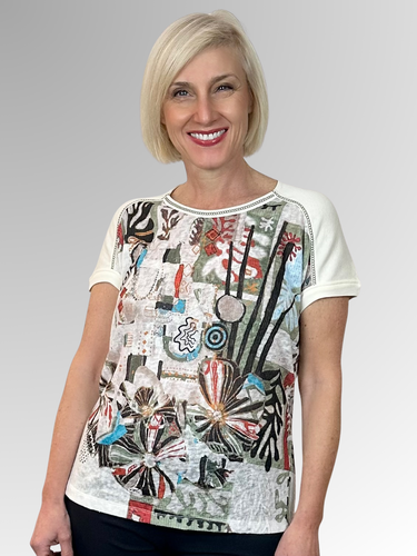 Elevate your wardrobe with the Bagoraz Anabela Top, expertly crafted in Portugal for women who value rich textures, fine detailing and outstanding comfort. This sophisticated top is made from a premium cotton and polyester blend, featuring a soft knit textured panel on the front with a neutral earthy-toned print, enhanced by criss-cross stitch detailing around the distinctive neckline, and finished with a classic t-shirt knit at the back. Let Bagoraz add a subtle yet impactful touch of elegance to your styl