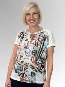 Elevate your wardrobe with the Bagoraz Anabela Top, expertly crafted in Portugal for women who value rich textures, fine detailing and outstanding comfort. This sophisticated top is made from a premium cotton and polyester blend, featuring a soft knit textured panel on the front with a neutral earthy-toned print, enhanced by criss-cross stitch detailing around the distinctive neckline, and finished with a classic t-shirt knit at the back. Let Bagoraz add a subtle yet impactful touch of elegance to your styl
