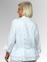 The White Peplum Jacket by Maglia is your perfect summer companion. Made from breathable linen, it features a stylish waterfall collar and a layered peplum for shape. With charming raw edging and fold-back 3/4-length sleeves, this versatile piece transitions effortlessly from workdays to weekend adventures. Light, playful, and effortlessly chic!