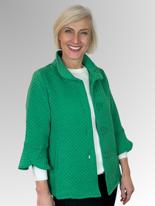 The Wishstone Emerald Tulip Jacket is a stylish and functional addition to your wardrobe. Made of a polyester/cotton blend, it is both soft and lightly quilted for ultimate comfort. The unique petal 3/4 length sleeves and stand up collar add a touch of elegance, while the statement buttons provide a pop of personality. Stay warm and fashion-forward in this versatile jacket.