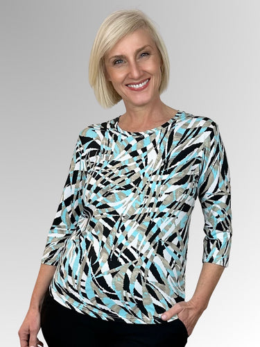 Our Amazon 3/4 Sleeve Classic Top is made from a luxurious slinky jersey. Featuring an abstract leaf design in mint, beige, black and white tones, this stylish print looks great on its own or team it with a jacket in a co-ordinating colour to make it pop! Made in Australia from Polyester Spandex it washes and drip-dries with no ironing required.