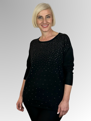 Get ready to shimmer and shine in our Black Twinkle Pullover! Made from a luxurious wool and viscose blend, this soft and fine knit sweater features a relaxed fit and playful twinkling stud details. Perfect for adding that touch of fun to any outfit.