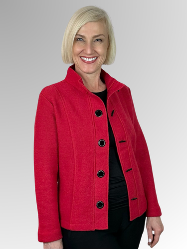 Wrap yourself in luxury with our Boiled Wool Red Toggle Jacket. Certified with the prestigious Woolmark label, this modern, soft boiled wool jacket is both warm and stylish. Featuring toggle button detail, it's the perfect statement piece for any fashion-forward wardrobe. Upgrade your look and embrace true quality.