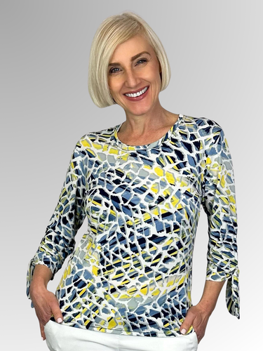 Indulge in sophisticated style with the Corsican Bondi Tie Sleeve Top. Made in Australia from polyester and spandex, this easy-care navy, yellow and white print top is perfect for any occasion. Its stylish design combines function and fashion for a timeless, tasteful look that will never go out of style.