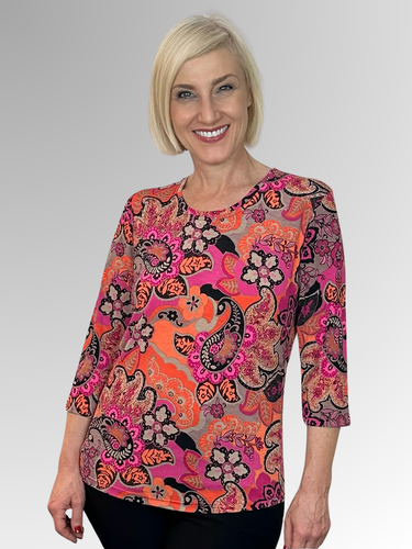 Our Indy 3/4 Sleeve Classic Top is made from a luxurious slinky jersey and features a delicate floral design in pink and orange tones. This stylish print looks great on its own or team it with a jacket in a co-ordinating colour to make it pop! Made in Australia from Polyester Spandex it washes and drip-dries with no ironing required.