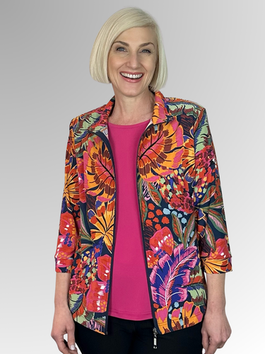 Our Bedarra 3/4 Sleeve Zip Jacket offers an easy fit, versatile styling, and Australian-made quality. Featuring a tropical print in vivid colours, the Poly/Spandex fabric is machine-washable and quick-drying – perfect for everyday wear. Layer it over one of our cami tops for a fun, casual look.