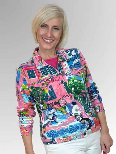 Show your unique style with this comfortable and easy-to-wear jacket. Orientique is known for vibrant colours and thoughtfully designed pieces that stay modern and on trend. The Scooter Long Sleeve Jacket, crafted from a Cotton and Spandex blend, features a colourful European streetscape print, making it a versatile and stylish addition to your wardrobe.