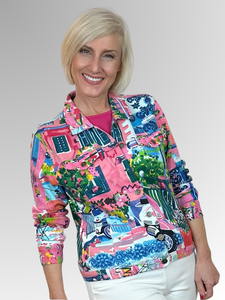 Show your unique style with this comfortable and easy-to-wear jacket. Orientique is known for vibrant colours and thoughtfully designed pieces that stay modern and on trend. The Scooter Long Sleeve Jacket, crafted from a Cotton and Spandex blend, features a colourful European streetscape print, making it a versatile and stylish addition to your wardrobe.