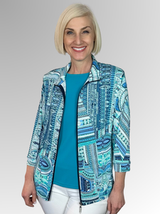 Enjoy the freedom and ease of our Aquamarine 3/4 Sleeve Zip Jacket, with its laid-back fit and effortless styling. A stylish blend of cool tones, this piece pairs effortlessly with one of our camis. Crafted from Poly/Spandex and Made in Australia, the jacket is machine-washable and fast-drying for your convenience.