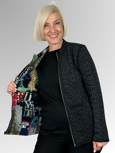Introducing the Madam Butterfly Reversible Jacket by Orientique. Made from 100% Cotton, this sporty and stylish jacket offers two looks in one! With a playful Parisian pattern on one side and a classic black and cream geometric design on the other, this jacket brings colour, texture, and convenience with its zip front and pockets.