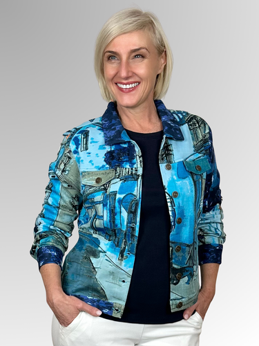 Show your unique style with this comfortable and easy-to-wear jacket. Orientique is known for vibrant colours and thoughtfully designed pieces that stay modern and on trend. The Tower Blue Long Sleeve Jacket, crafted from a Cotton and Spandex blend, features a beautiful design inspired by global scenery and motifs, making it a reliable and stylish addition to your wardrobe.