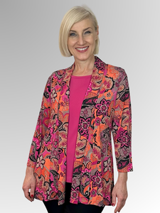 The Corsican Indy 3/4 Sleeve Edge to Edge Jacket features a delicate floral design in pink and orange tones. Its versatility makes it suitable for a variety of occasions; moreover, it can be matched with a complementing cami to further accentuate the print. This polyester/spandex jacket is made in Australia and requires minimal maintenance, making it ideal for travelling. If you love the design, take a look at its matching 3/4 sleeve top (Style 21246) for the perfect accompaniment to the jacket. 