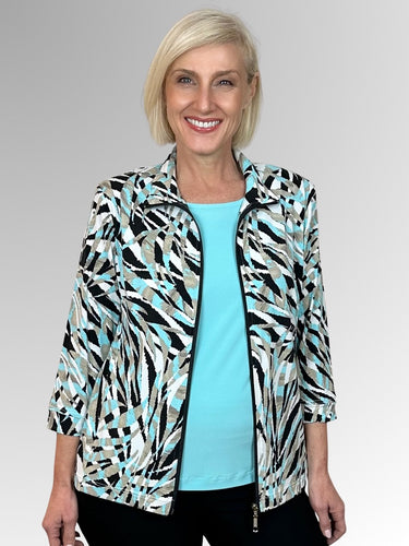 Experience the carefree comfort of our Amazon 3/4 Sleeve Zip Jacket, with its relaxed silhouette and effortless style. Featuring an abstract leaf design in mint, beige, black and white tones, this jacket effortlessly complements any of our camis. Made in Australia from Poly/Spandex, this jacket is machine-washable and quick-drying for your convenience.
