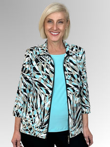 Experience the carefree comfort of our Amazon 3/4 Sleeve Zip Jacket, with its relaxed silhouette and effortless style. Featuring an abstract leaf design in mint, beige, black and white tones, this jacket effortlessly complements any of our camis. Made in Australia from Poly/Spandex, this jacket is machine-washable and quick-drying for your convenience.