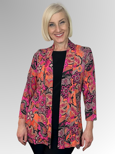 The Corsican Indy 3/4 Sleeve Edge to Edge Jacket features a delicate floral design in pink and orange tones. Its versatility makes it suitable for a variety of occasions; moreover, it can be matched with a complementing cami to further accentuate the print. This polyester/spandex jacket is made in Australia and requires minimal maintenance, making it ideal for travelling. If you love the design, take a look at its matching 3/4 sleeve top (Style 21246) for the perfect accompaniment to the jacket. 