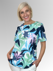 Stay cool and carefree in the Lagoon Tee by Jillian, featuring a lush leafy print that brings fresh vibes to any outfit. Crafted from a comfortable blend of polyester and elastane, its relaxed fit moves with you all day long. Perfect for adding a playful touch to your casual wardrobe!