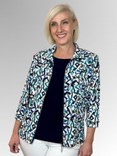 Experience the carefree comfort of our Connect 3/4 Sleeve Zip Jacket, with its relaxed silhouette and effortless style. Featuring an abstract design in turquoise, green, navy and white tones, this jacket effortlessly complements any of our camis. Made in Australia from Poly/Spandex, this jacket is machine-washable and quick-drying for your convenience.