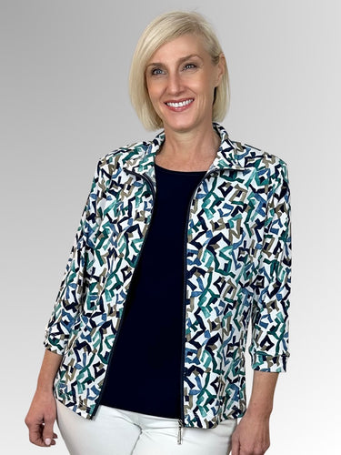 Experience the carefree comfort of our Connect 3/4 Sleeve Zip Jacket, with its relaxed silhouette and effortless style. Featuring an abstract design in turquoise, green, navy and white tones, this jacket effortlessly complements any of our camis. Made in Australia from Poly/Spandex, this jacket is machine-washable and quick-drying for your convenience.