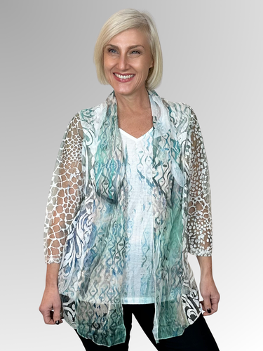 Our fashionable Wispy Twofer Top offers a stylish summer look. Crafted to flatter the figure while seamlessly concealing tummies and hips, this piece features a sewn-in camisole and free-flowing jacket. Featuring a feminine print in soft blue and pewter tones, it's made of polyester, chiffon and mesh for added sophistication. Easily washable and drip-drying, this top requires no ironing.