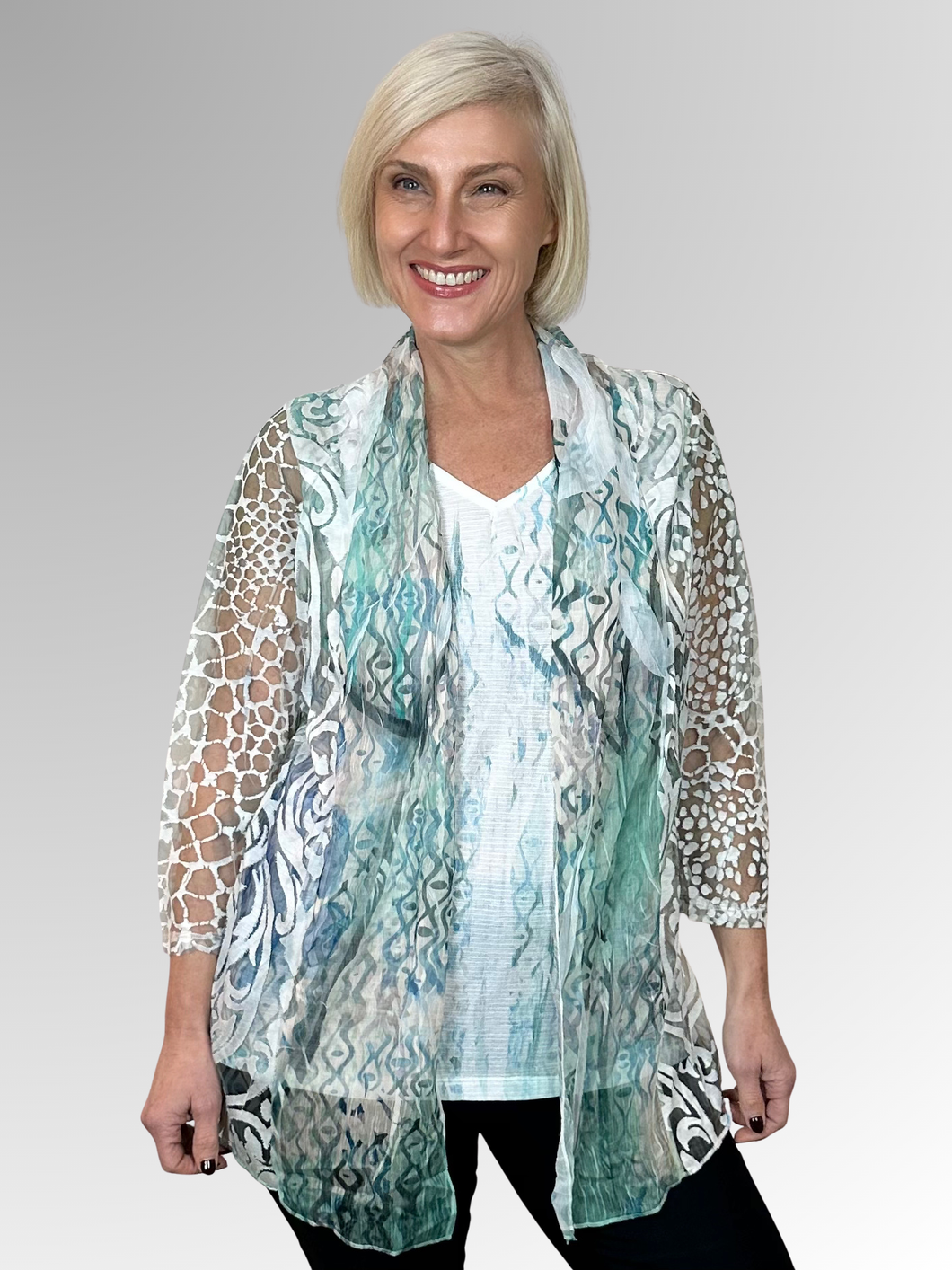 Our fashionable Wispy Twofer Top offers a stylish summer look. Crafted to flatter the figure while seamlessly concealing tummies and hips, this piece features a sewn-in camisole and free-flowing jacket. Featuring a feminine print in soft blue and pewter tones, it's made of polyester, chiffon and mesh for added sophistication. Easily washable and drip-drying, this top requires no ironing.