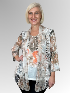 Our fashionable Breezy Twofer Top offers a stylish summer look. Crafted to flatter the figure while seamlessly concealing tummies and hips, this piece features a sewn-in camisole and free-flowing jacket. Featuring a feminine print in earthy tones, it's made of polyester, chiffon and mesh for added sophistication. Easily washable and drip-drying, this top requires no ironing.