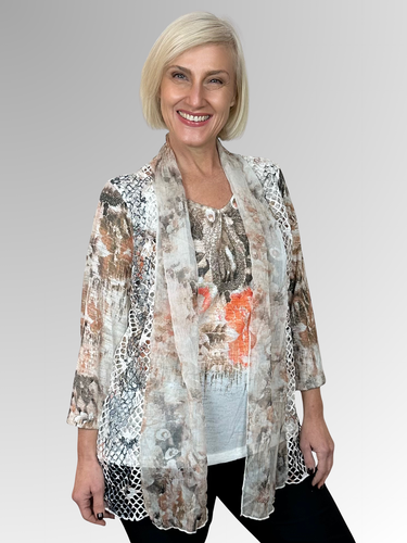 Our fashionable Breezy Twofer Top offers a stylish summer look. Crafted to flatter the figure while seamlessly concealing tummies and hips, this piece features a sewn-in camisole and free-flowing jacket. Featuring a feminine print in earthy tones, it's made of polyester, chiffon and mesh for added sophistication. Easily washable and drip-drying, this top requires no ironing.