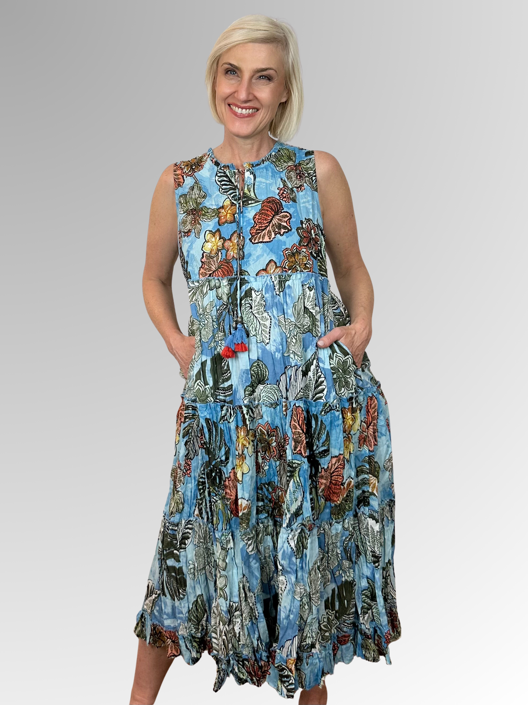 Orientique ~ Lima Blue Sleeveless Tassel Dress (11643)